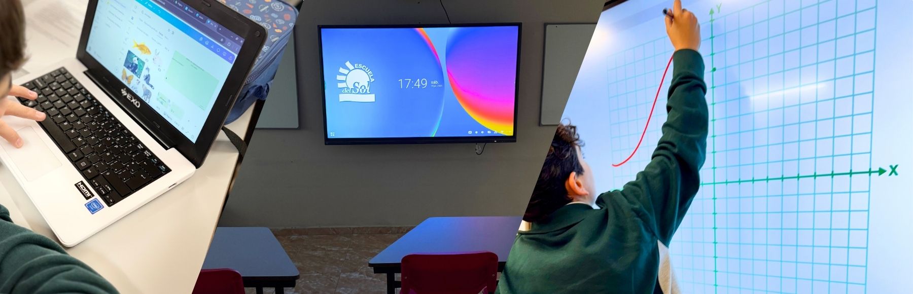 Estudiantes utilizando sus Chromebooks y la ViewBoard